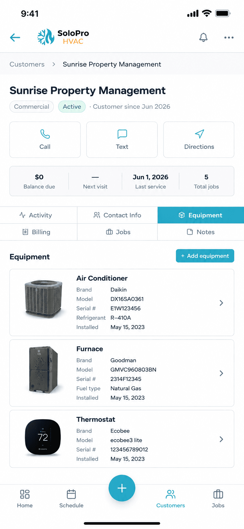The same customer equipment record in SoloPro on a phone