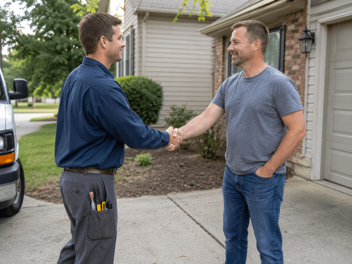 An HVAC tech shaking hands with a customer at the job site