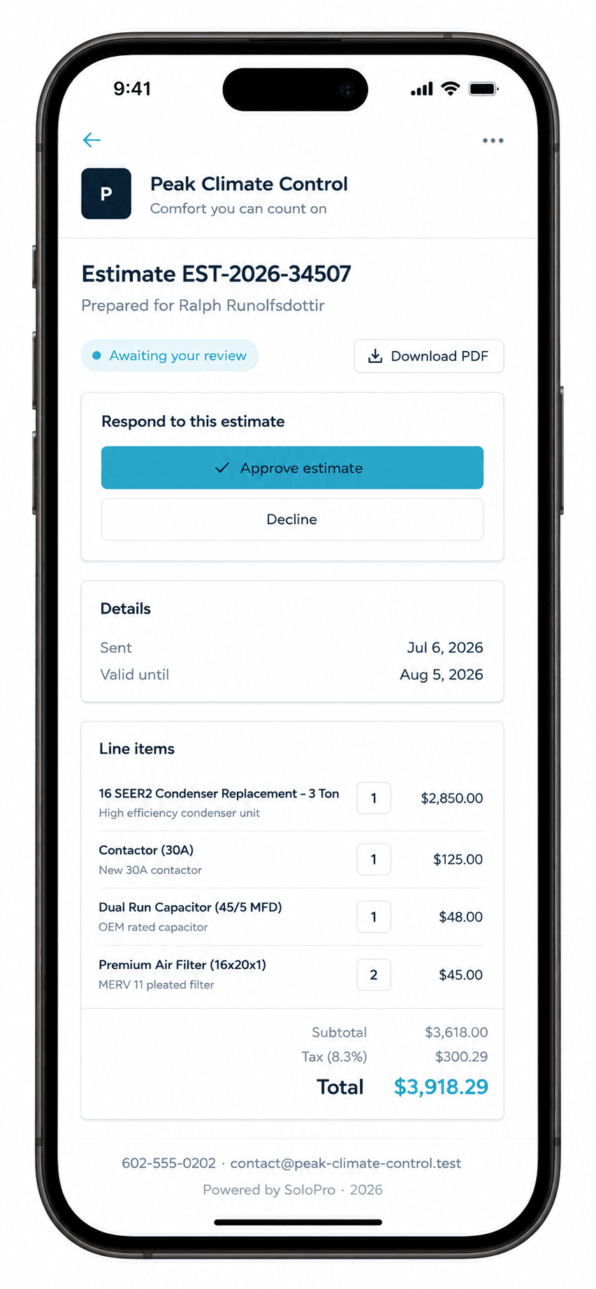 An estimate being built in SoloPro on a phone